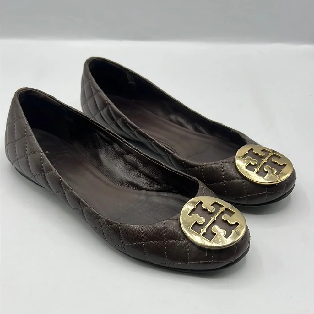 Tory Burch Sz 7 Benton Quilted Brown Gold Flats Minnie Ballerina Elegant Design
